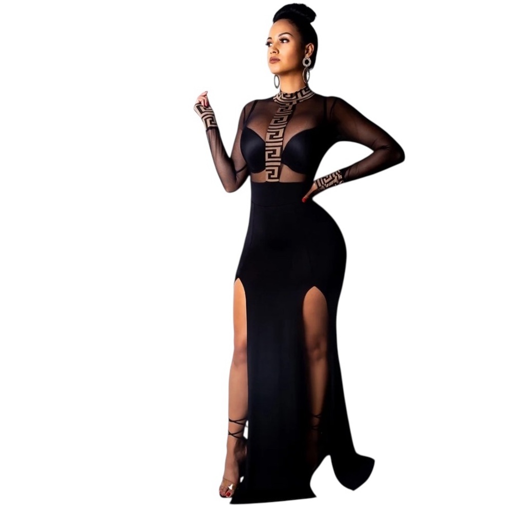 Black Sexy Mesh Long Sleeve Dress
